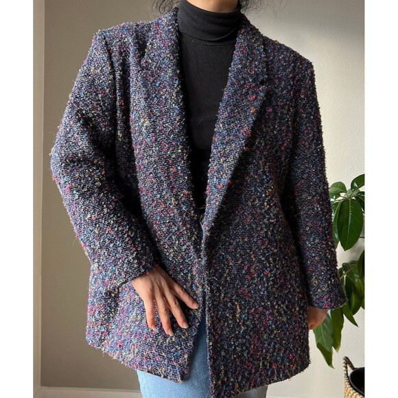 vtg y2k blue speckled boucle open front coat retro jacket‎ market blazer XL boho - Picture 7 of 9